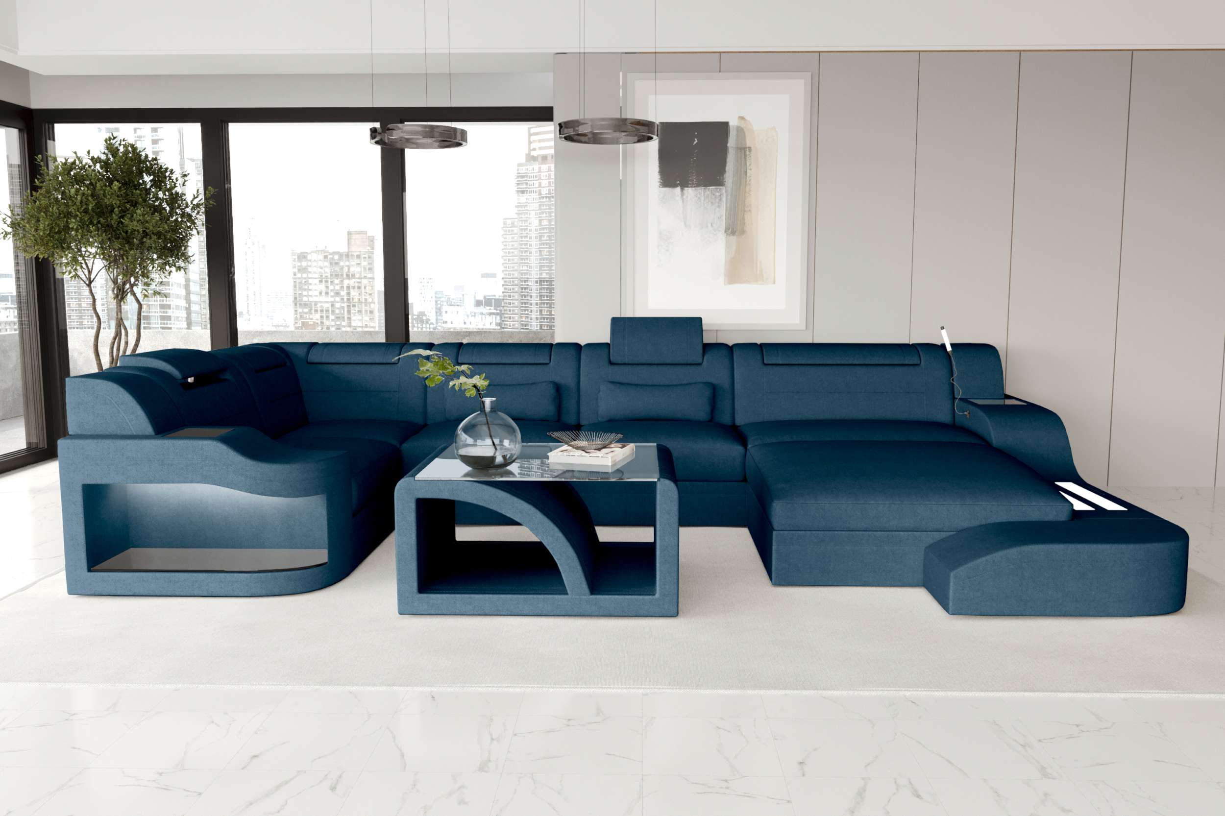 Wohnlandschaft Palermo U Form Stoffsofa Blau