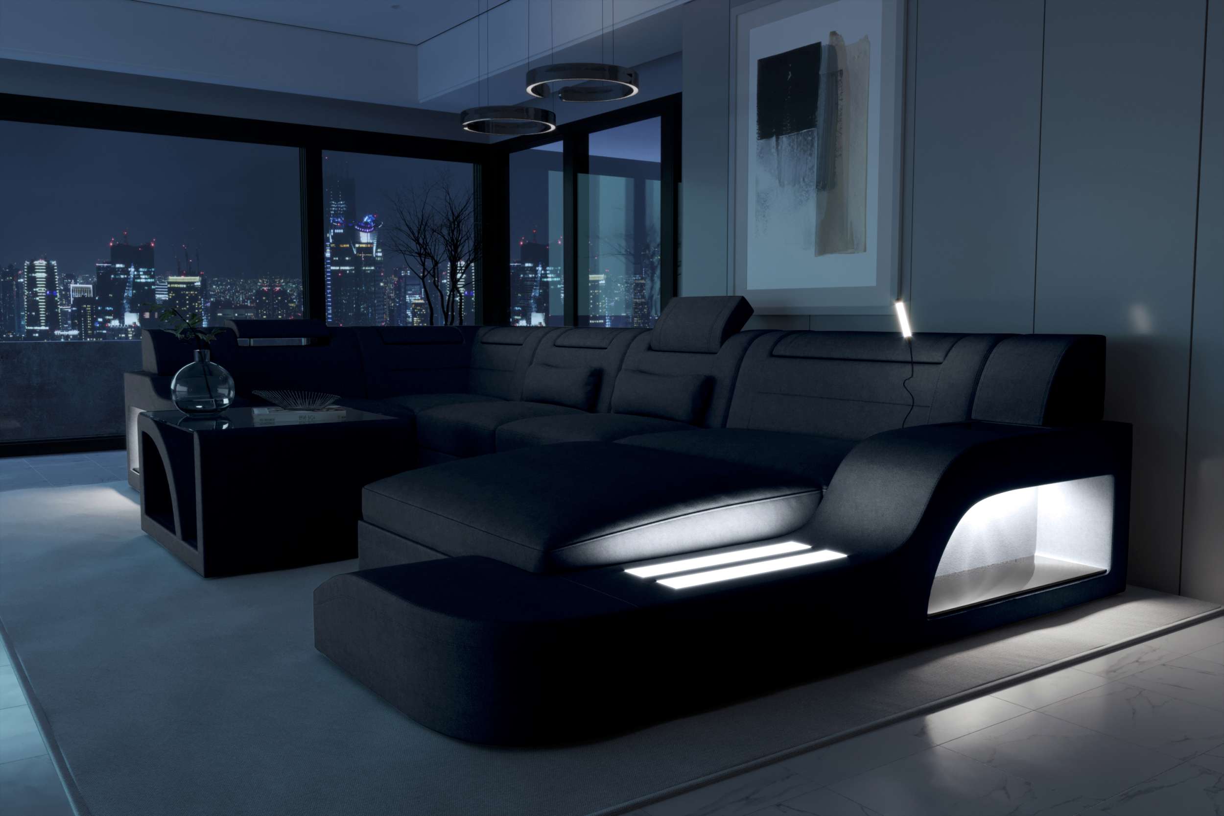 Wohnlandschaft Palermo U Form Stoffsofa Blau