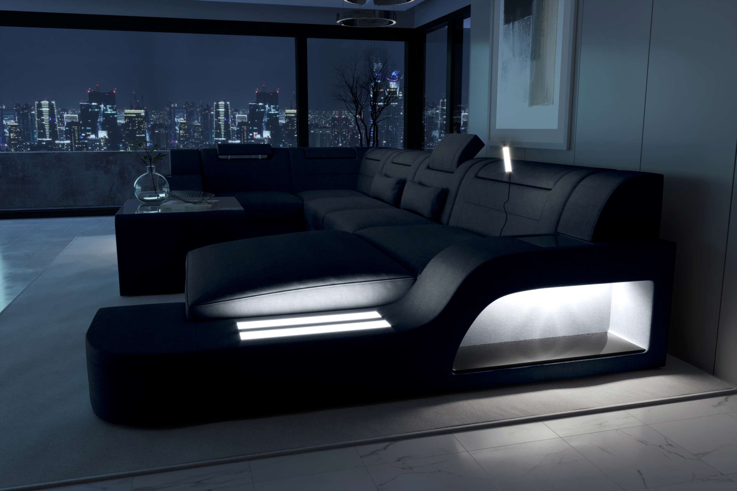 Wohnlandschaft Palermo U Form Stoffsofa Blau