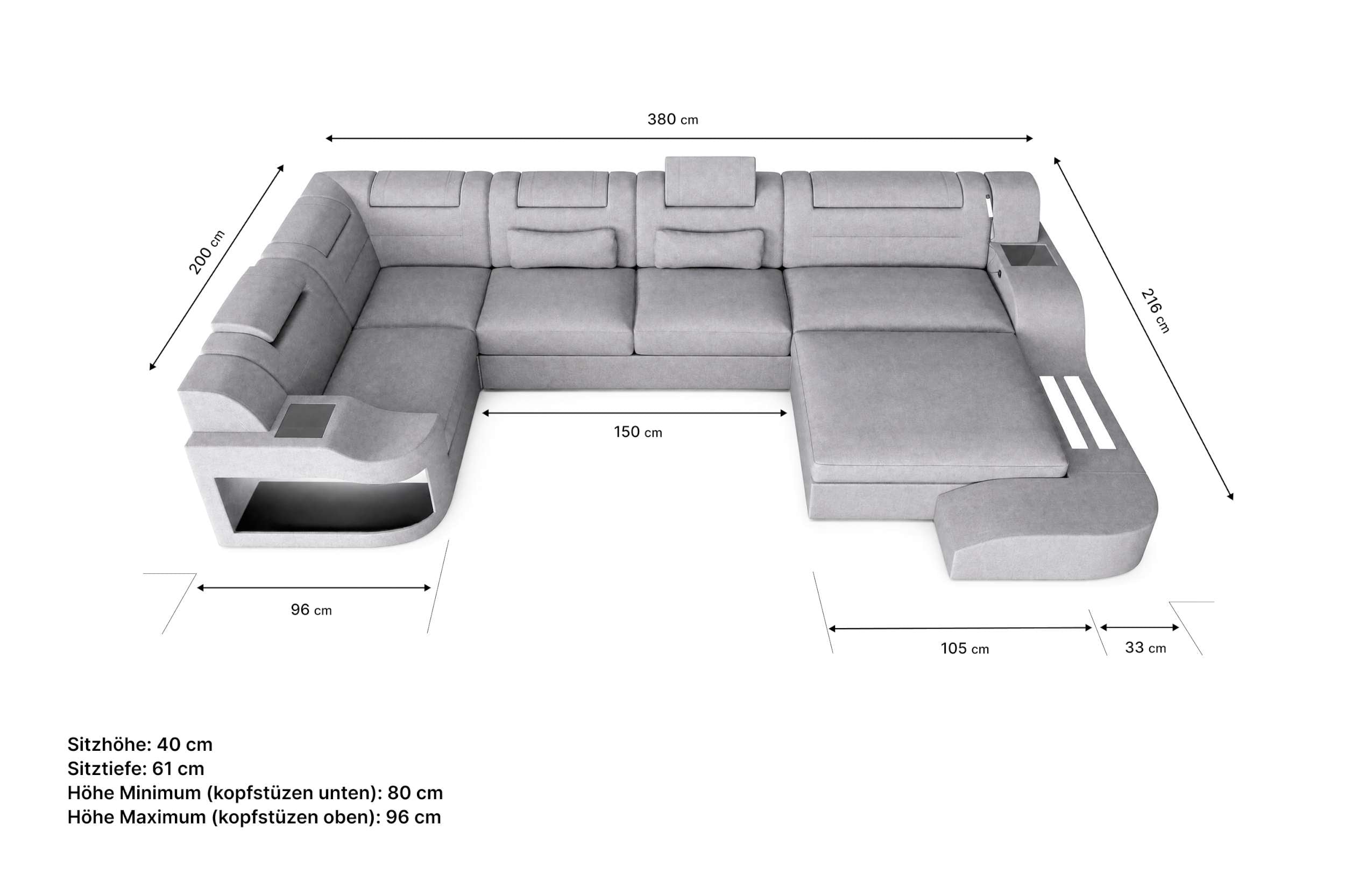 Wohnlandschaft Palermo U Form Stoffsofa Blau
