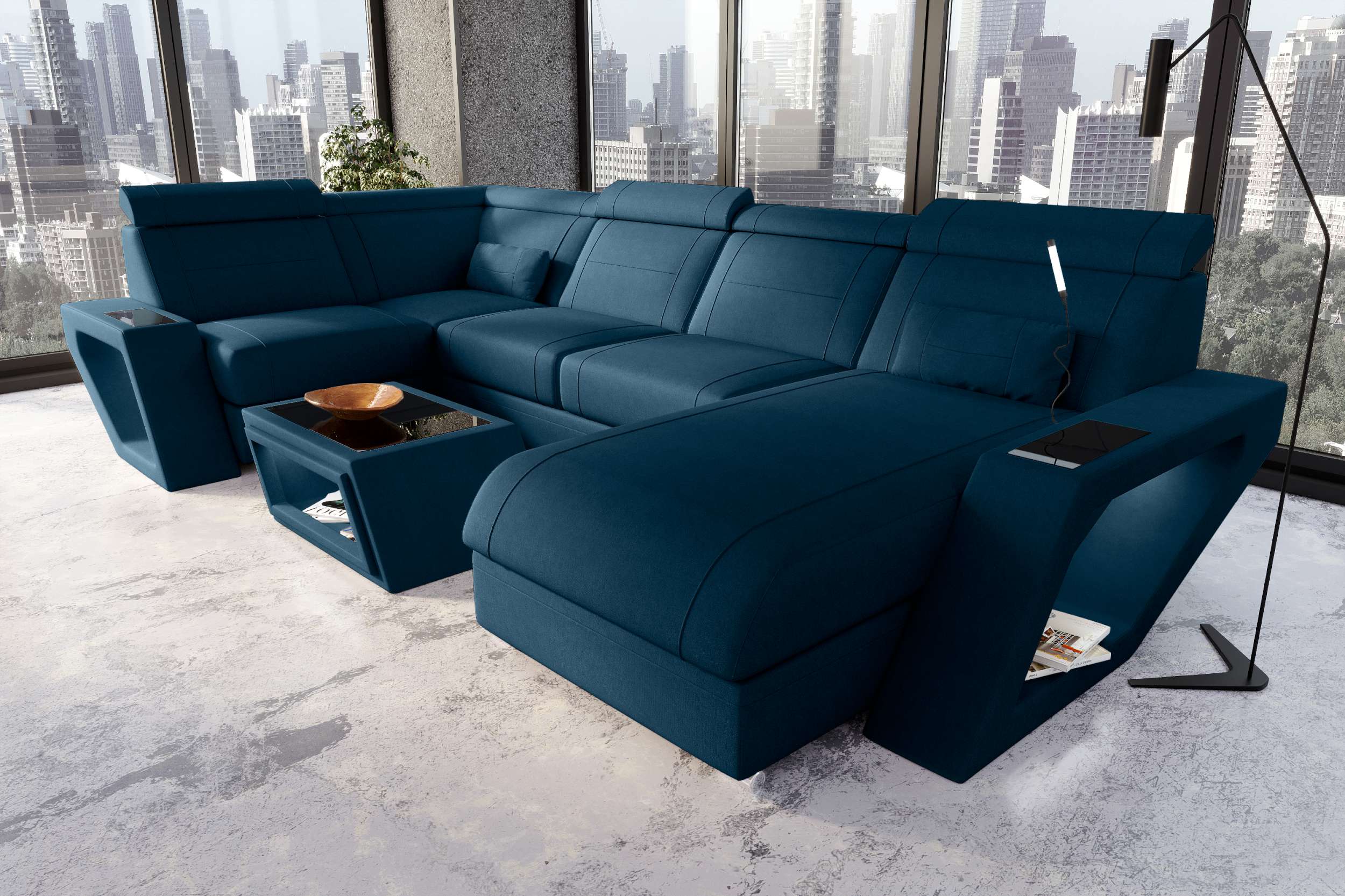 Wohnlandschaft Catania U Form Stoffsofa Blau