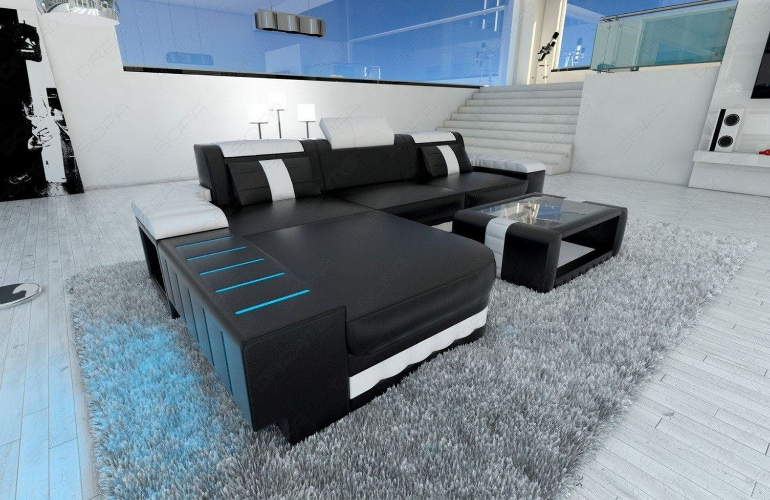 Bellagio L-Form Ledercouch mit LED
