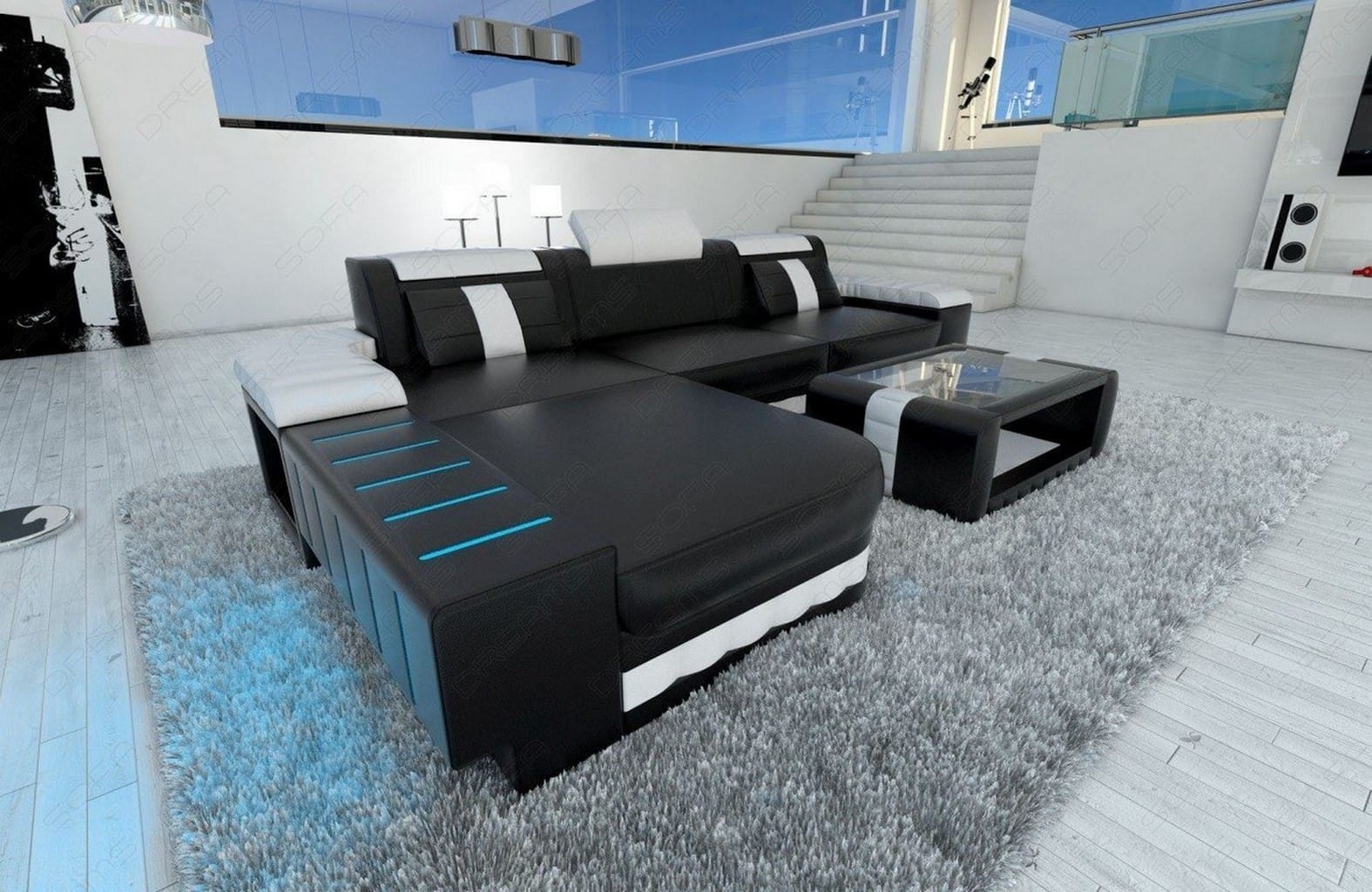 Bellagio L-Form Ledercouch mit LED - Ansicht 1
