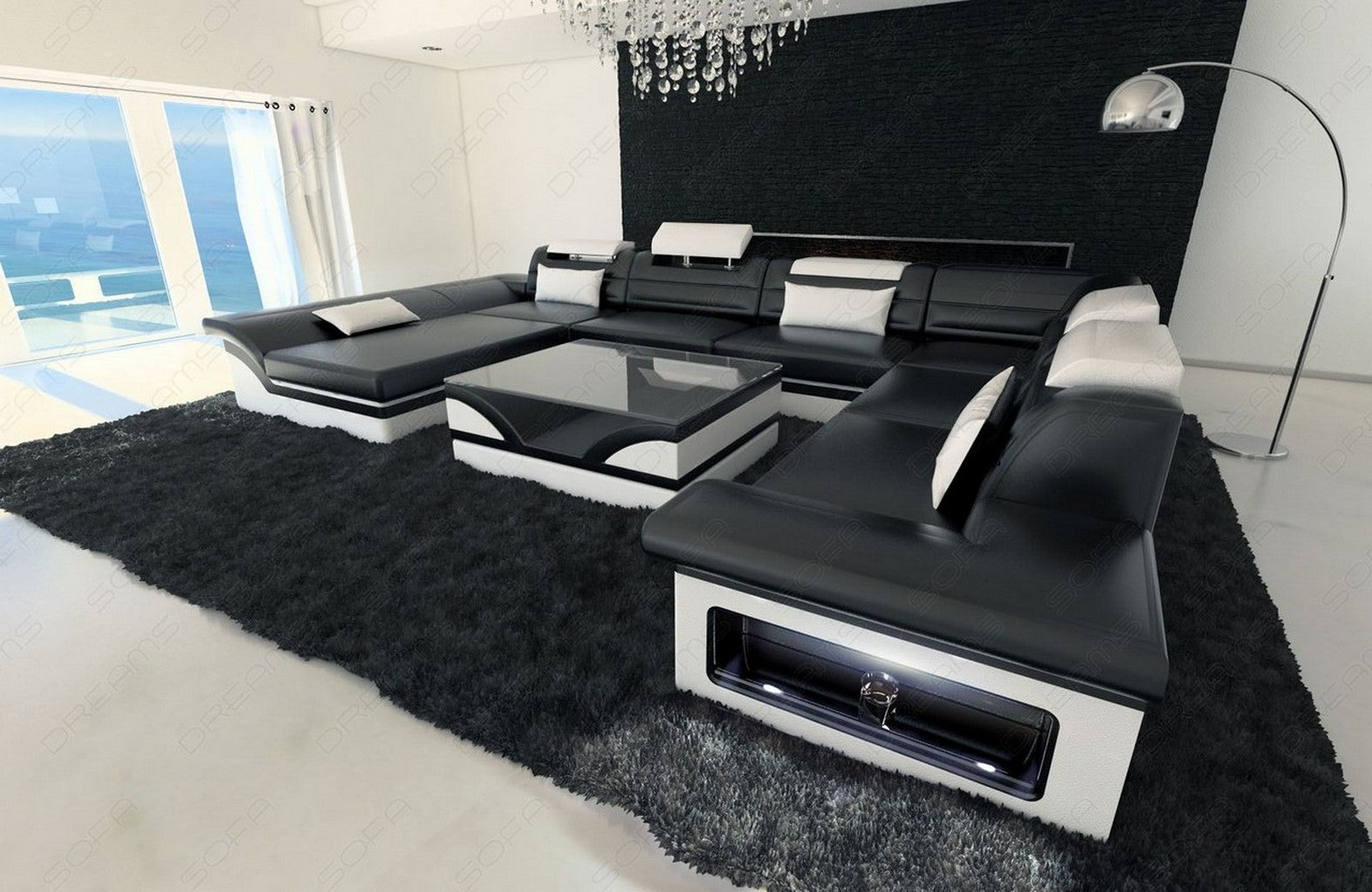 Enzo XXL Ledercouch Schwarz-Weiß mit LED