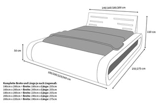 Wasserbett Sorano mit LED und gerundeten Seitenteilen Schwarz-Weiß