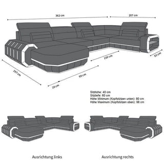 Sofa Wohnlandschaft Roma U-Form Kunstleder Schwarz-Weiß mit USB-Anschluss