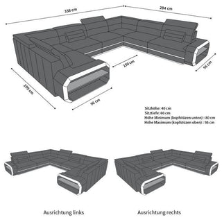 Sofa Verona U-Form Kunstleder Grau-Weiß mit 2x USB-Anschluss, Schlaffunktion und Couchtisch Roma mit LED