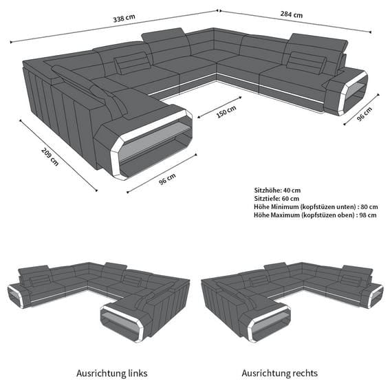 Sofa Verona U-Form Kunstleder Grau-Weiß mit 2x USB-Anschluss, Schlaffunktion und Couchtisch Roma mit LED