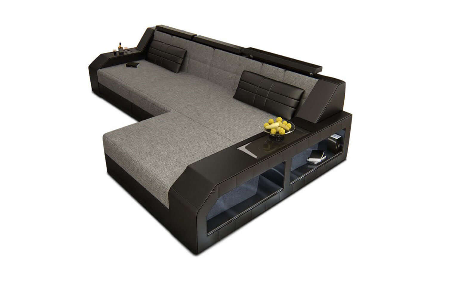 Couch Arezzo L Form Stoff mit LED Beleuchtung Grau-Schwarz