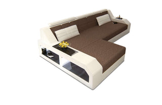 Polster-Couch Arezzo L-Form mit LED-Beleuchtung in Strukturstoff und der Farbe Braun und Weiß - Ausrichtung links