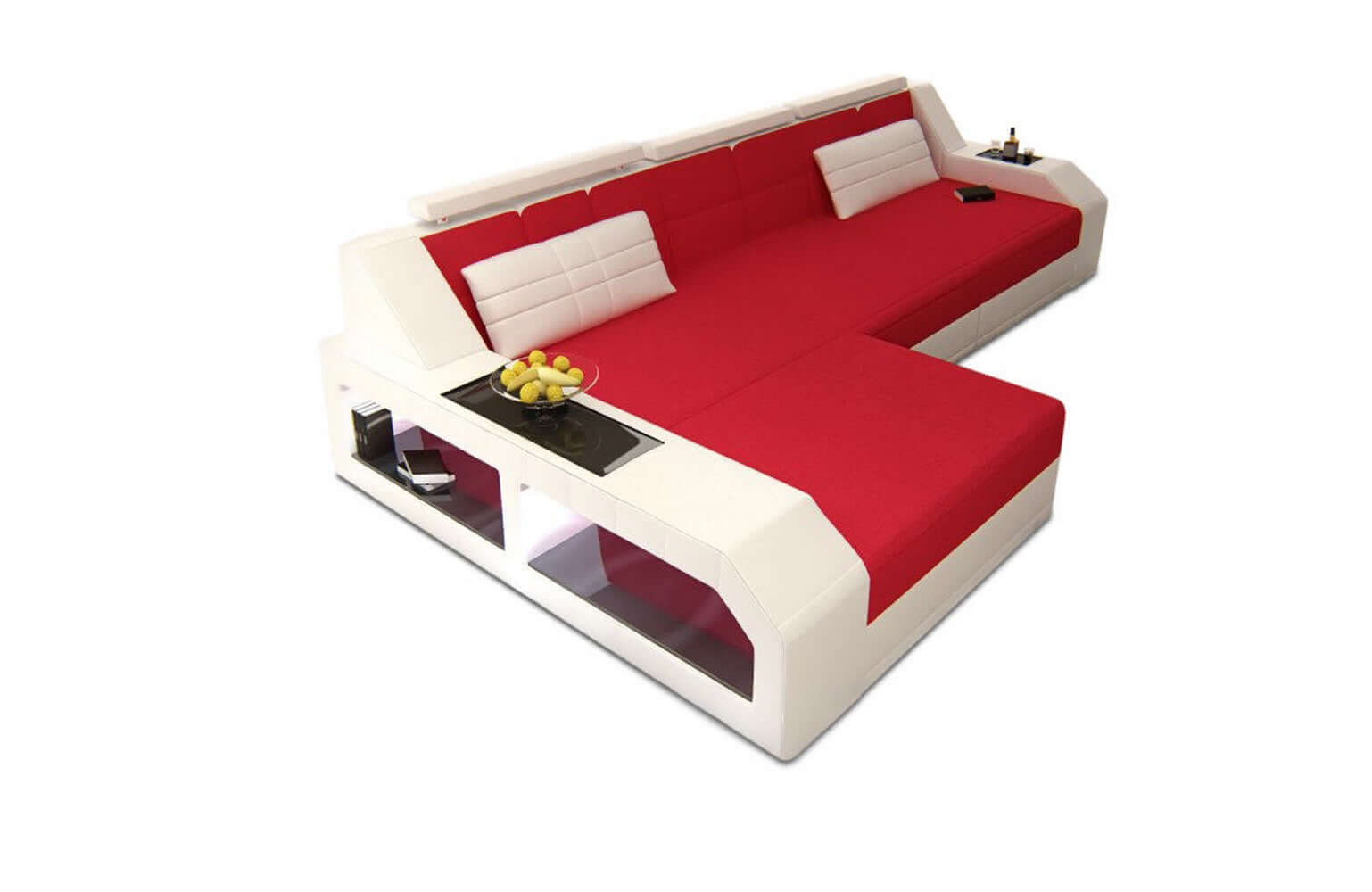 Polster-Couch Arezzo L-Form mit LED-Beleuchtung Rot-Weiß