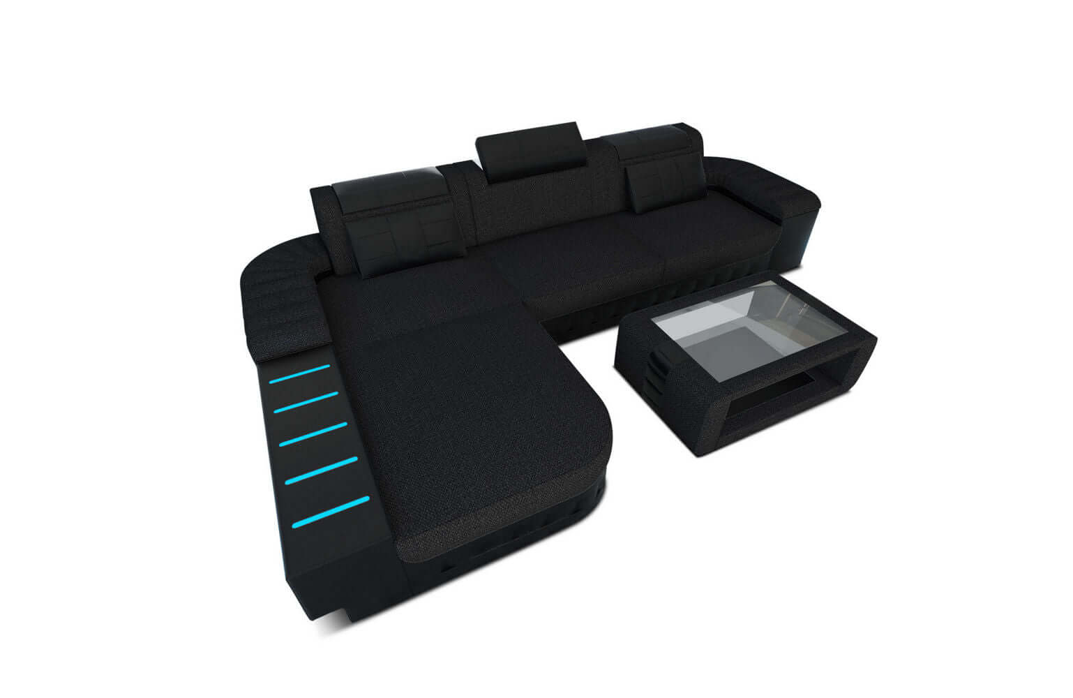 Leder-Stoff Couch Bellagio L-Form mit LED Grau-Schwarz