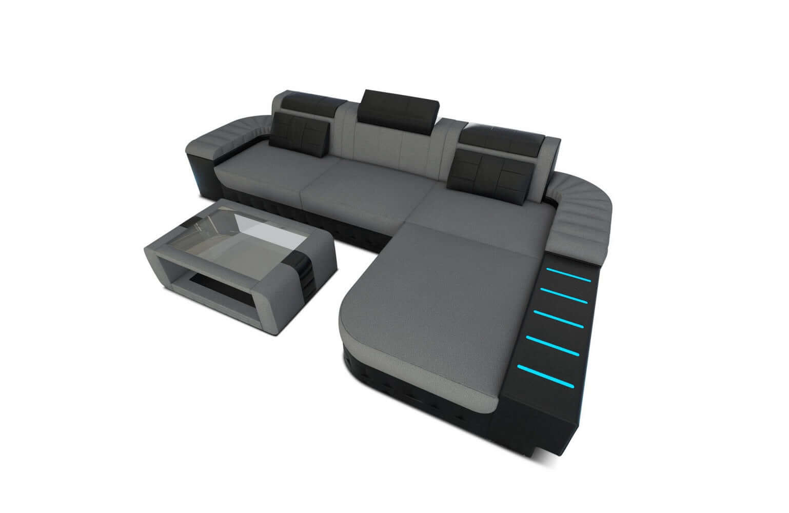 Leder-Stoff Couch Bellagio L-Form mit LED Hellgrau-Schwarz