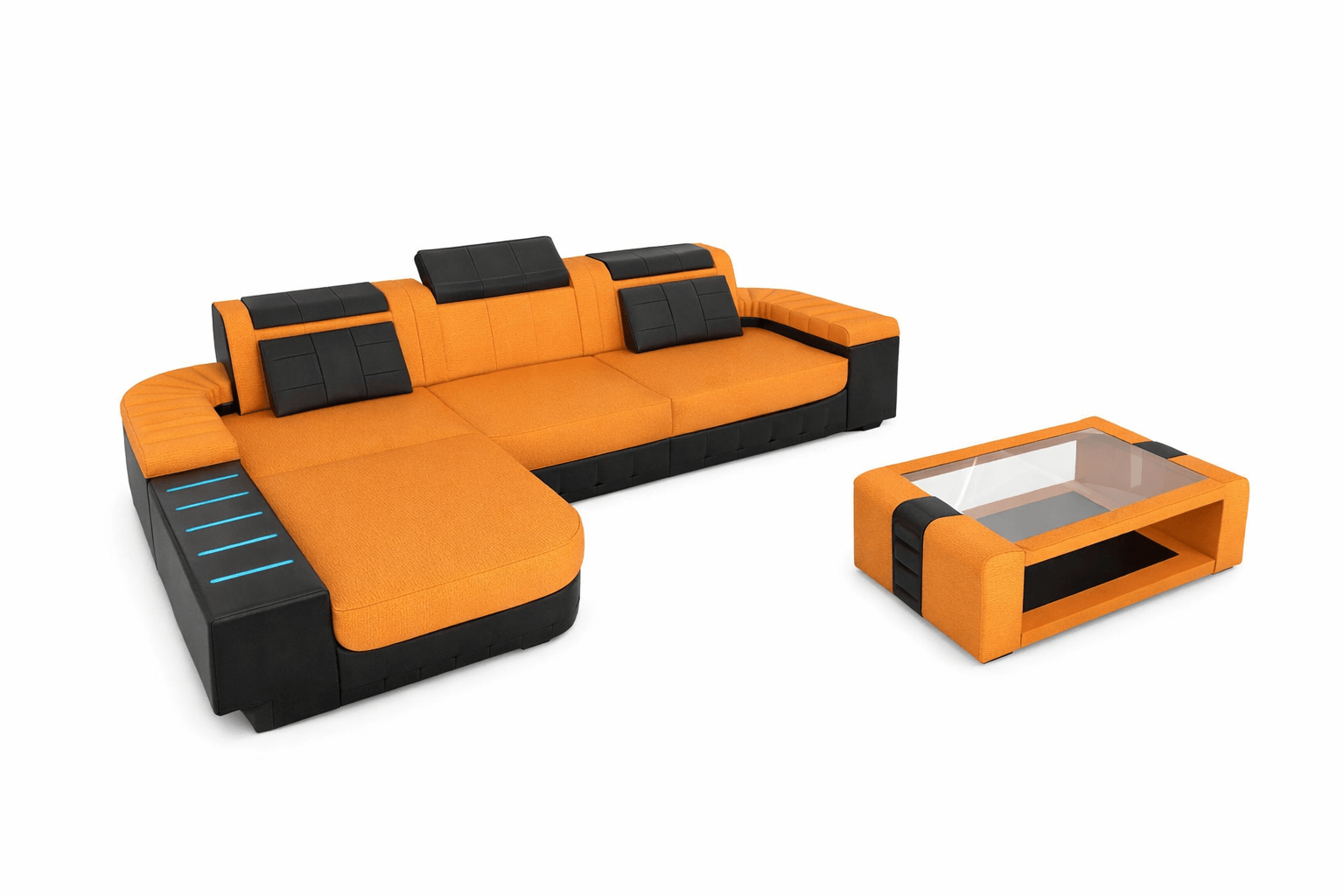 Leder-Stoff Couch Bellagio L-Form mit LED Apricot-Schwarz