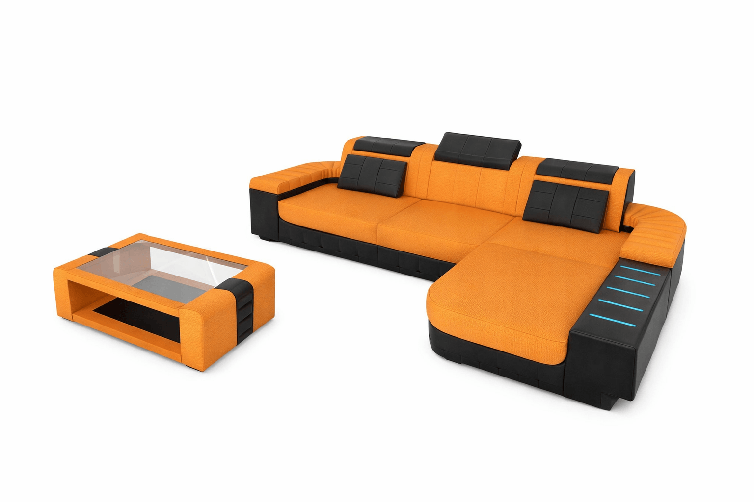 Leder-Stoff Couch Bellagio L-Form mit LED Apricot-Schwarz