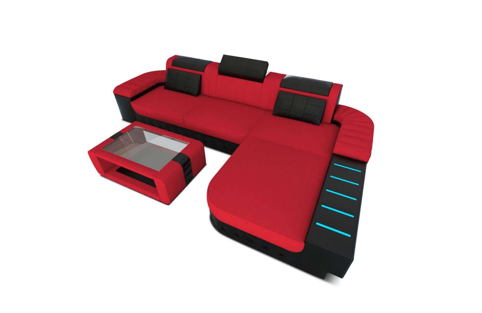 Leder-Stoff Couch Bellagio L-Form mit LED Rot-Schwarz