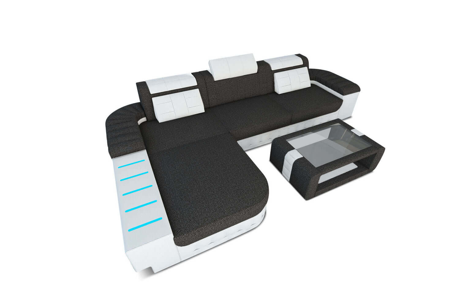 Leder-Stoff Couch Bellagio L-Form mit LED Dunkelgrau-Weiß