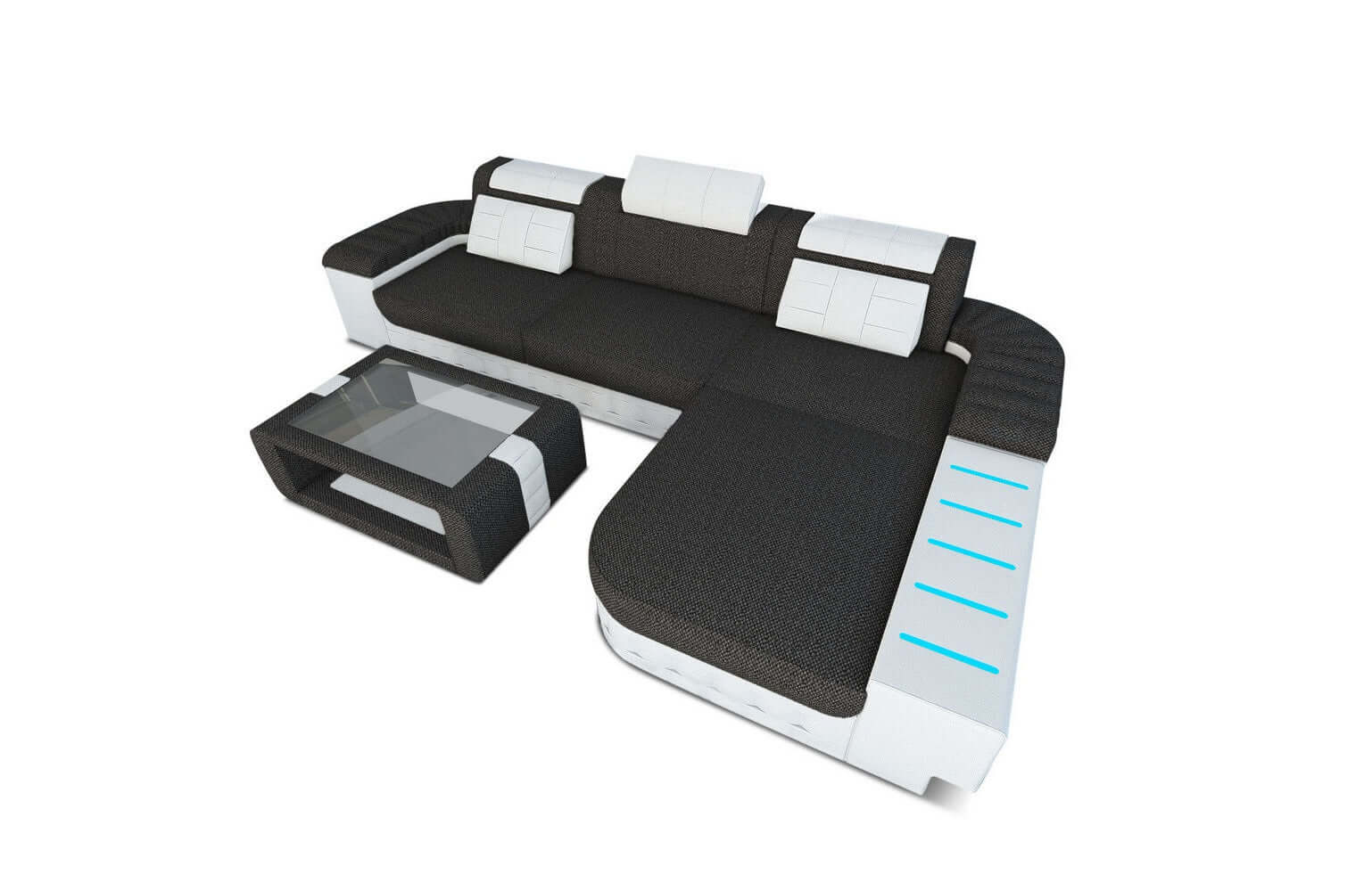 Leder-Stoff Couch Bellagio L-Form mit LED Dunkelgrau-Weiß