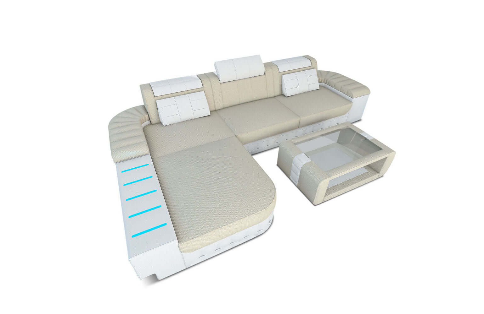 Leder-Stoff Couch Bellagio L-Form mit LED Elfenbein-Weiß