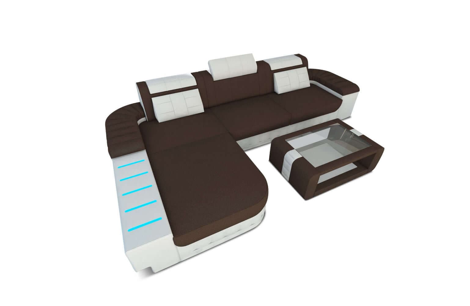 Leder-Stoff Couch Bellagio L-Form mit LED Dunkelbraun-Weiß