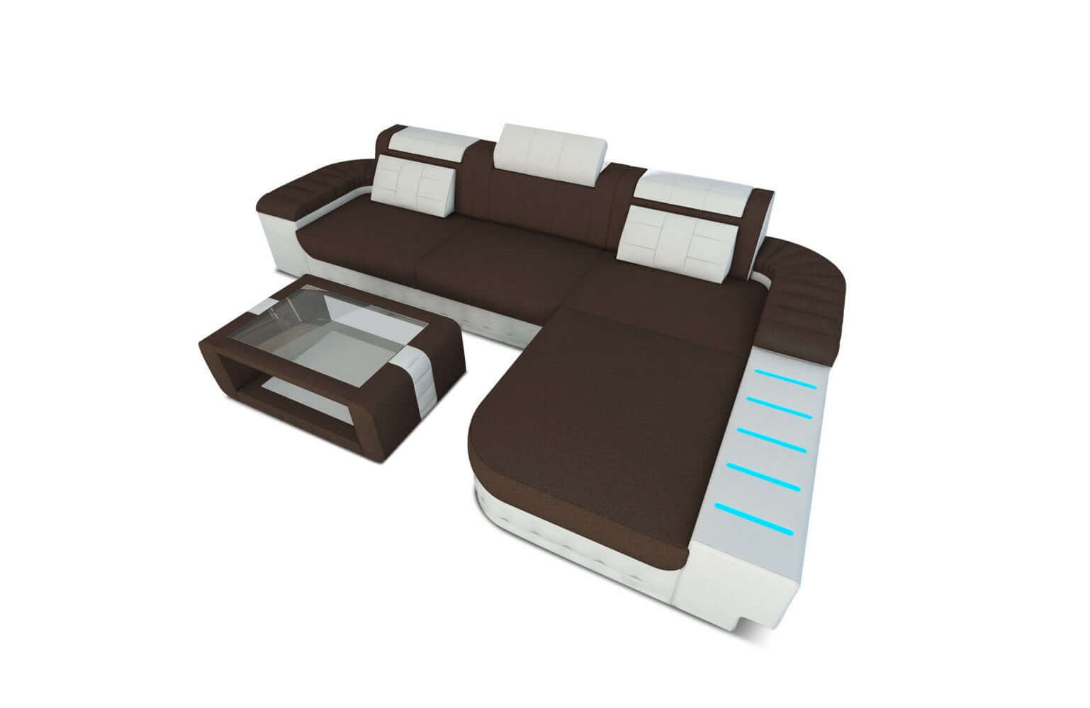 Leder-Stoff Couch Bellagio L-Form mit LED Dunkelbraun-Weiß