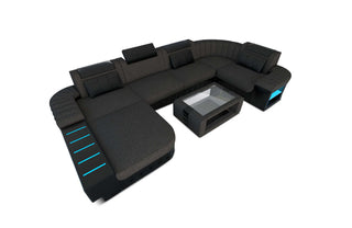 Stoff-Wohnlandschaft Bellagio U-Form mit LED in Strukturstoff und der Farbe Dunkelgrau und Schwarz