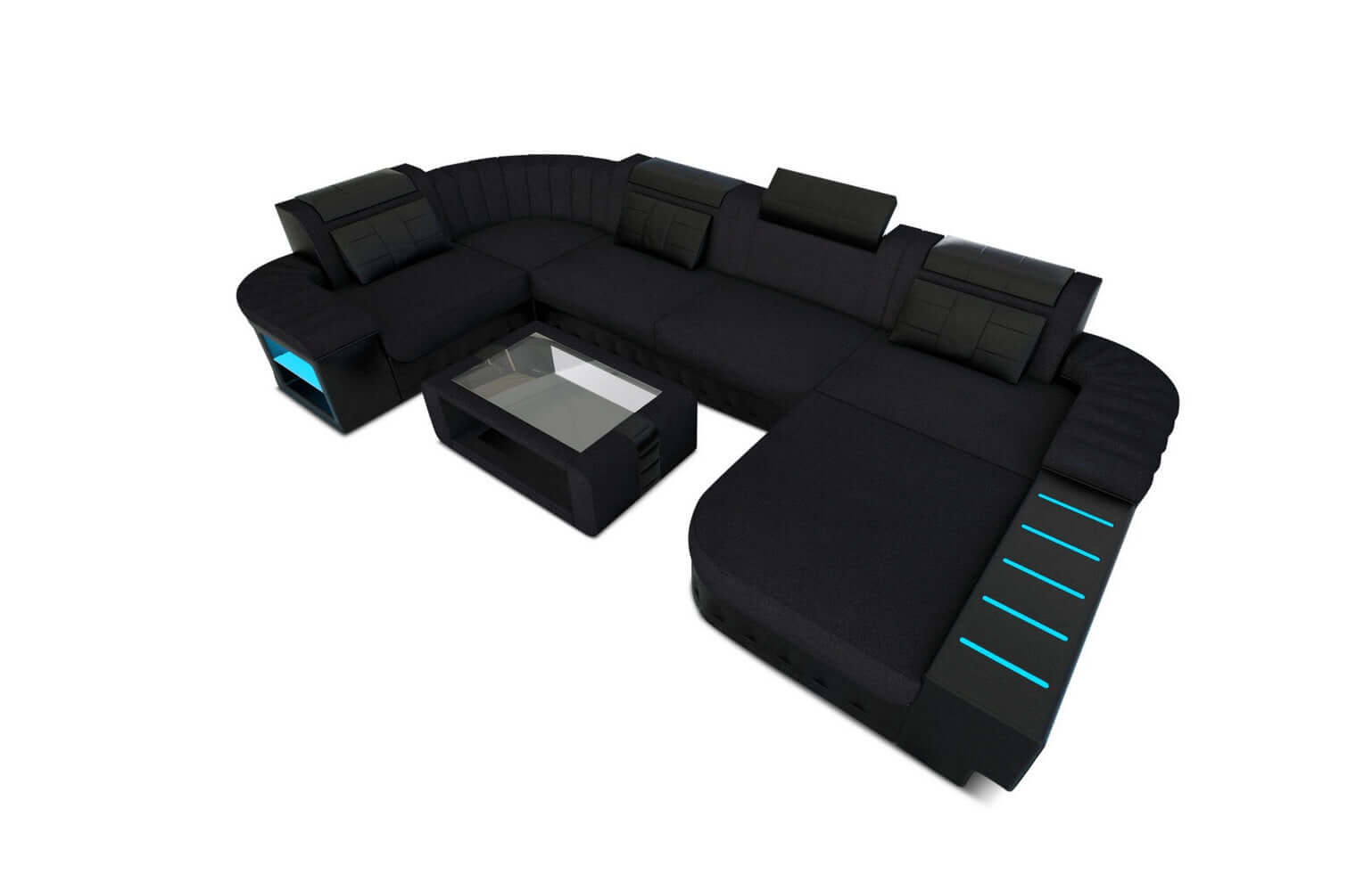 Stoff-Wohnlandschaft Bellagio U-Form mit LED Schwarz-Schwarz