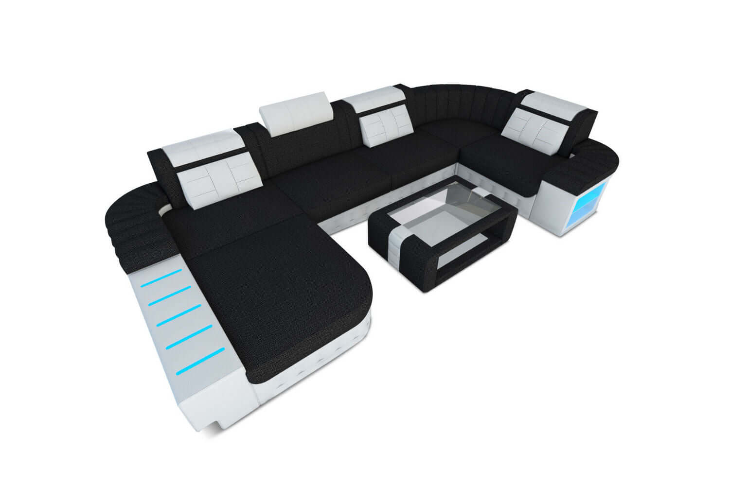 Stoff-Wohnlandschaft Bellagio U-Form mit LED Schwarzgrau-Weiß