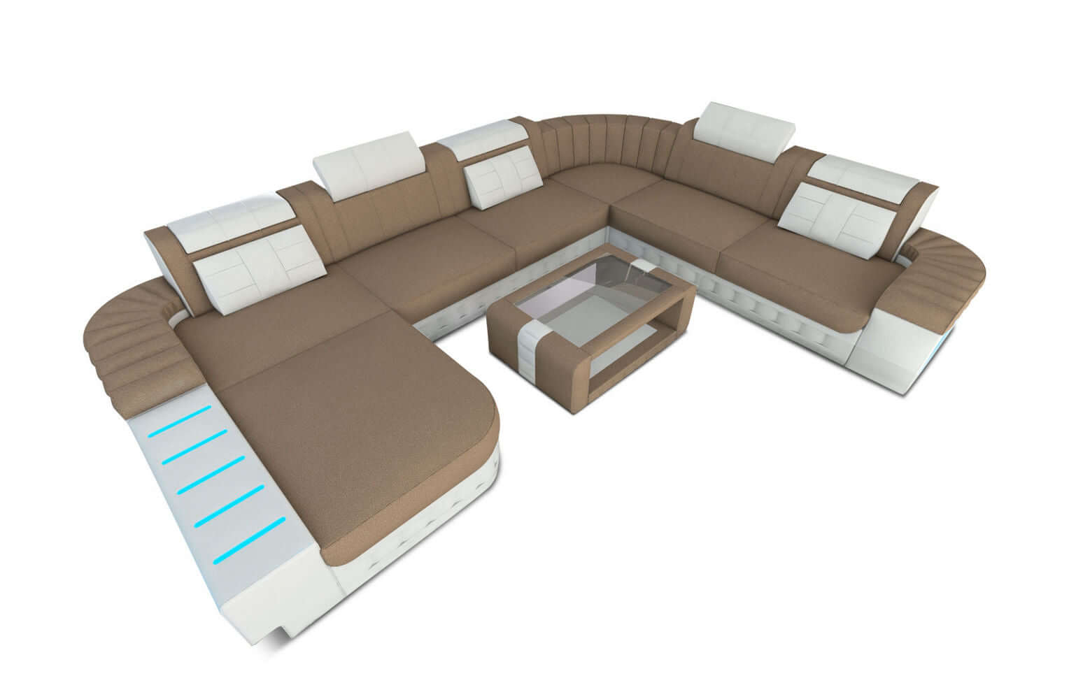 Mega Stoff-Wohnlandschaft Bellagio XXL mit LED Cappuccino-Weiß
