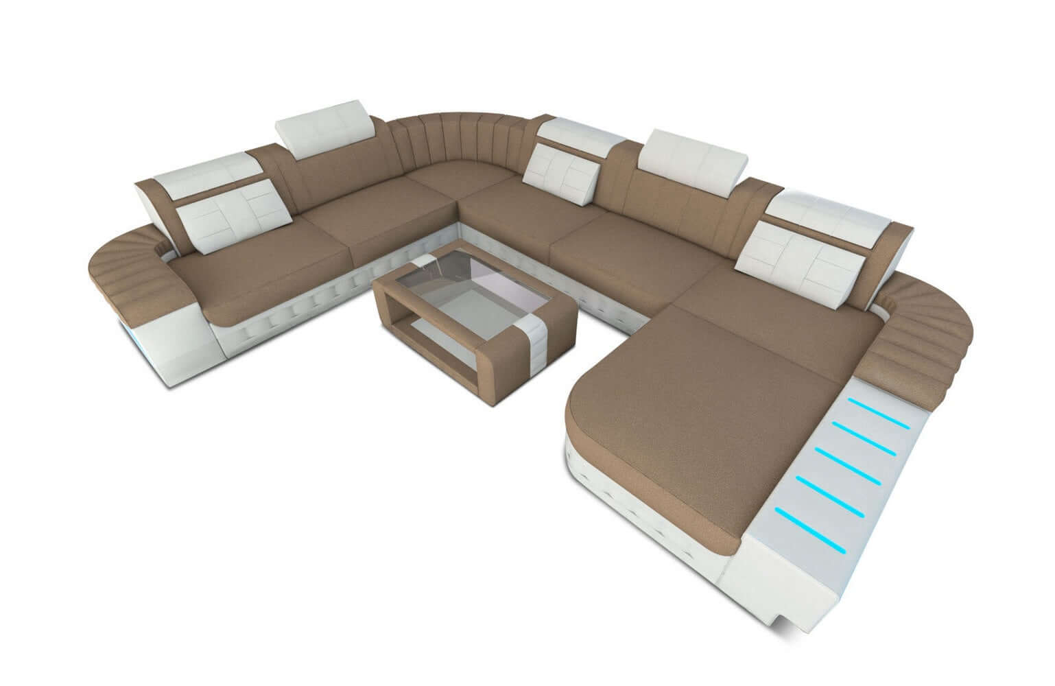 Mega Stoff-Wohnlandschaft Bellagio XXL mit LED Cappuccino-Weiß