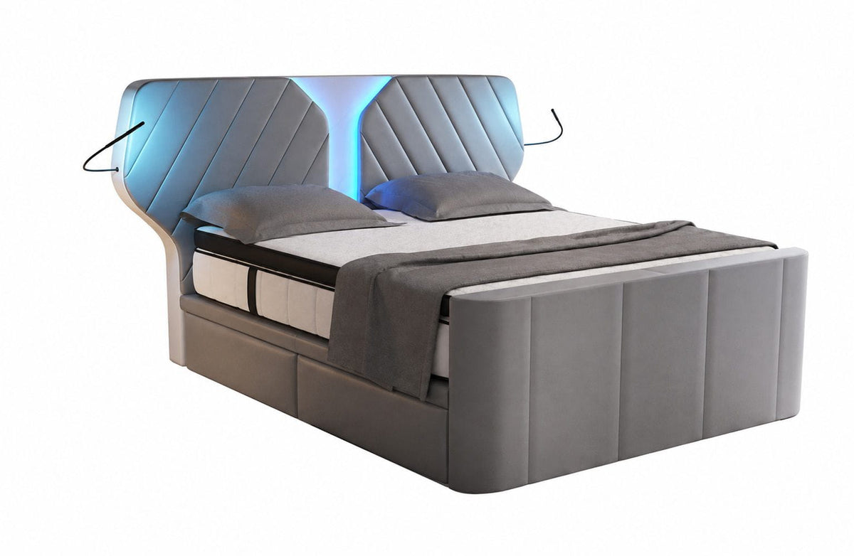 Boxspringbett Nizza mit LED, Schubladen, Matratze und Topper Grau-Weiß
