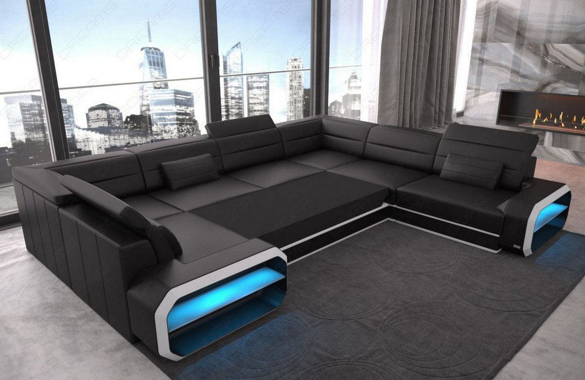 Sofa Verona U-Form Kunstleder Grau-Weiß mit 2x USB-Anschluss, Schlaffunktion und Couchtisch Roma mit LED