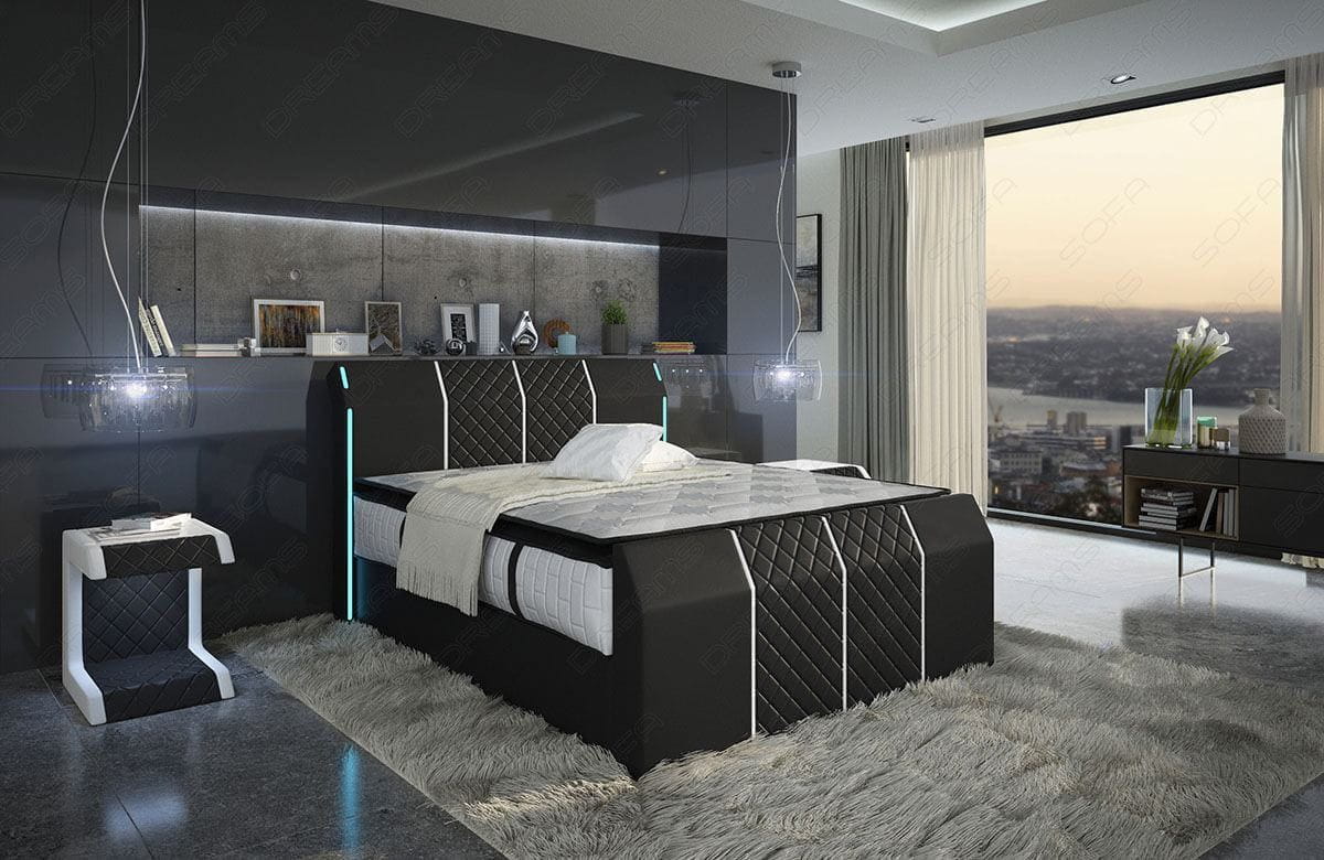 Boxspringbett Paris Schwarz-Weiß 200x220 cm mit LED-Beleuchtung