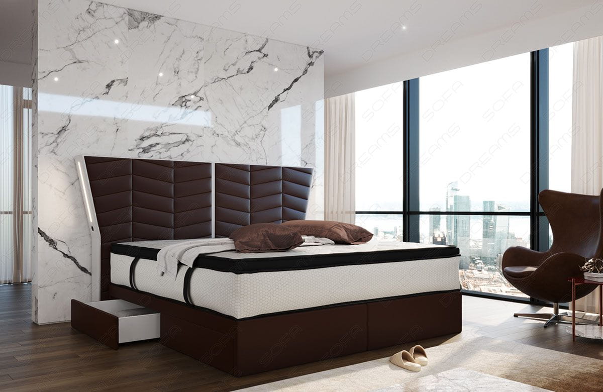 Boxspringbett Novara Leder Dunkelbraun-Weiß