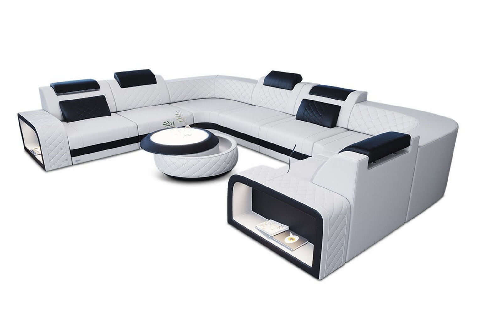 Mini Sofa Foggia U-Form aus Leder Weiß-Schwarz