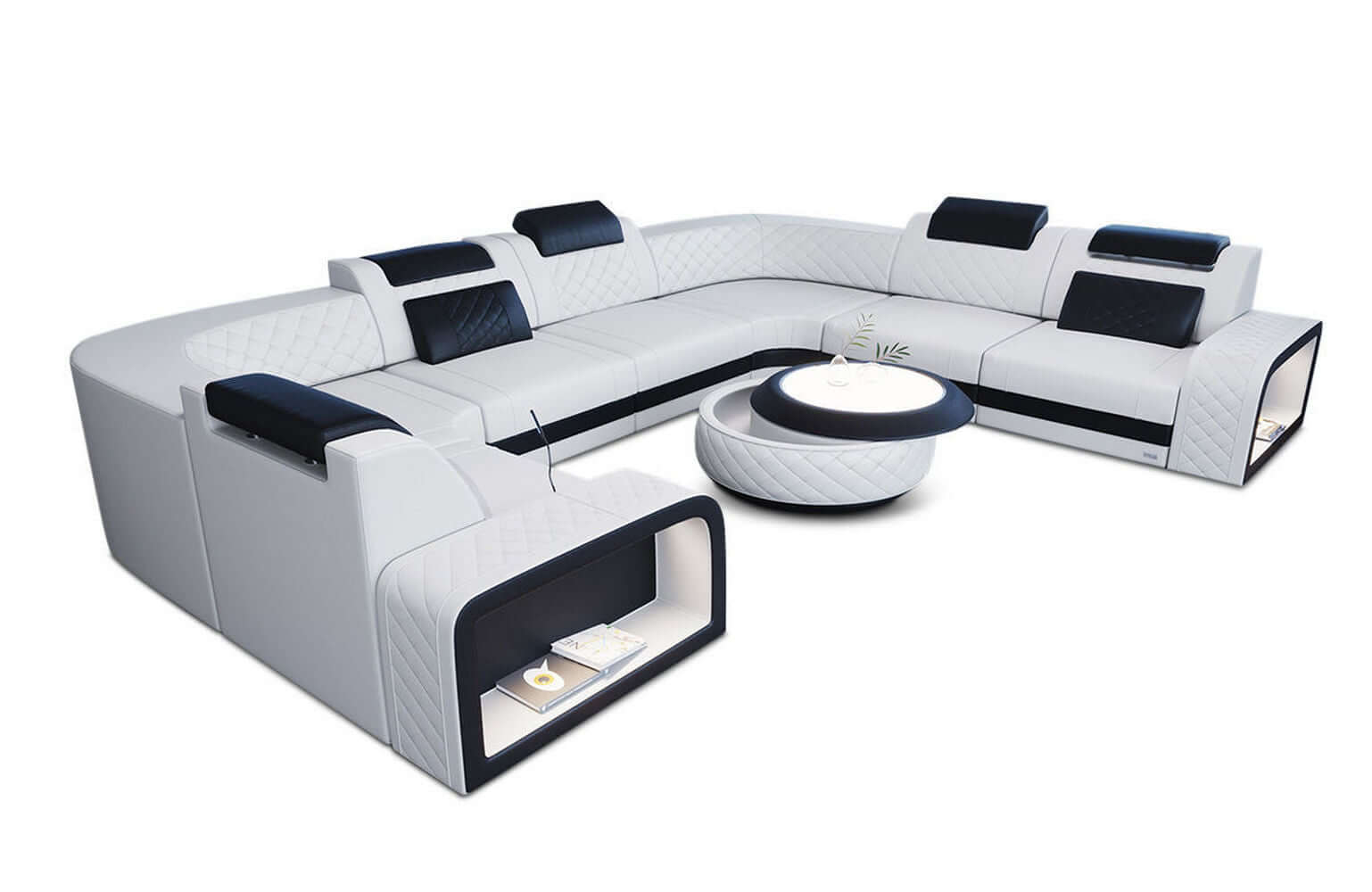 Mini Sofa Foggia U-Form aus Leder Weiß-Schwarz