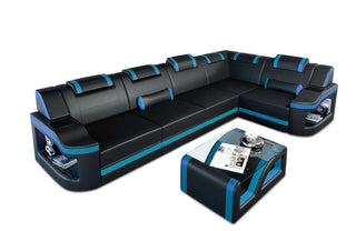 Mini Leder Ecksofa Padua L-Form in Kunstleder und der Farbe Schwarz und Blau - Ausrichtung rechts