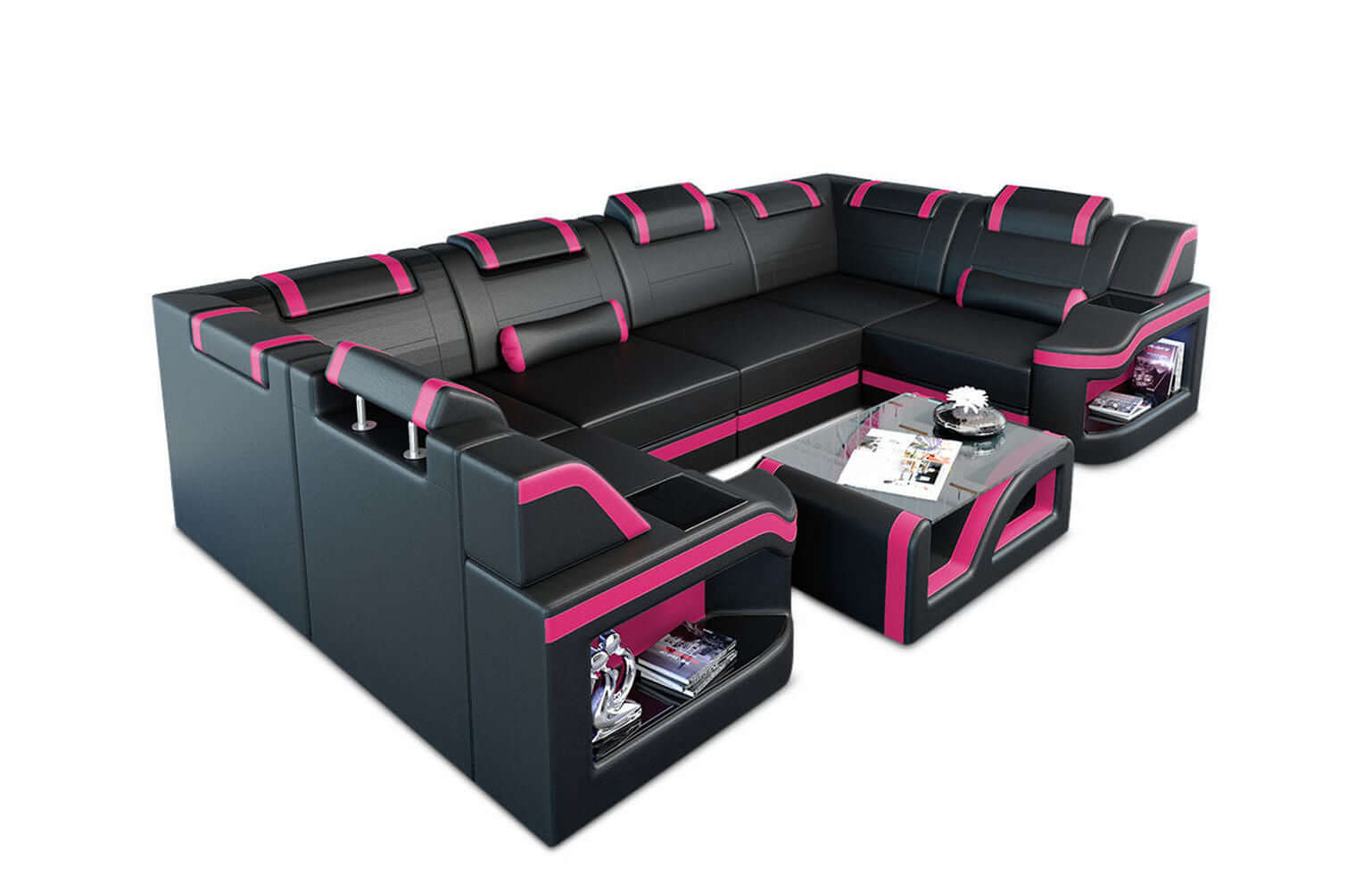 Mini Leder Wohnlandschaft Padua U-Form Schwarz-Pink