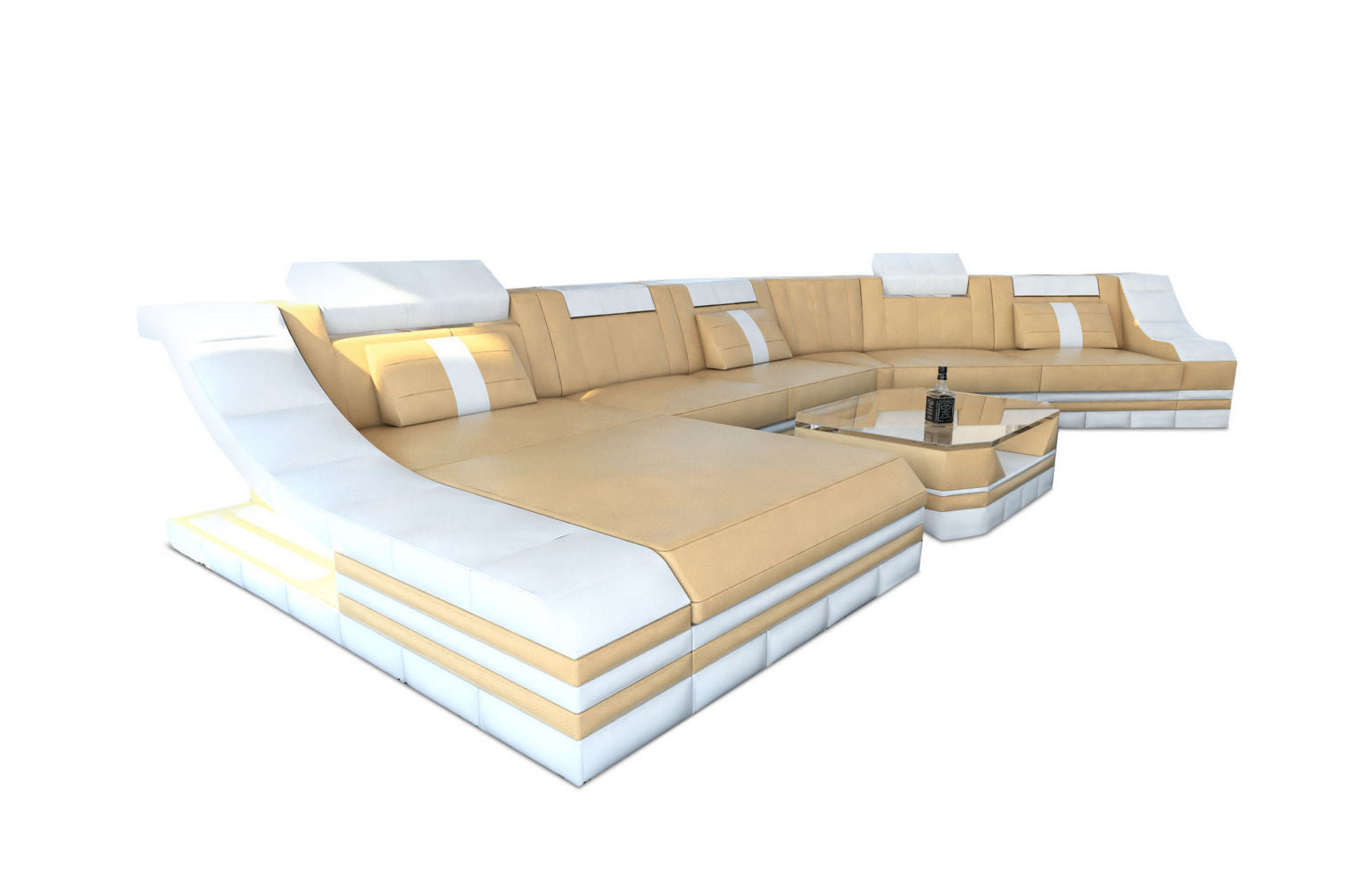 Mini Leder Wohnlandschaft Turino CL mit LED Sandbeige-Weiss