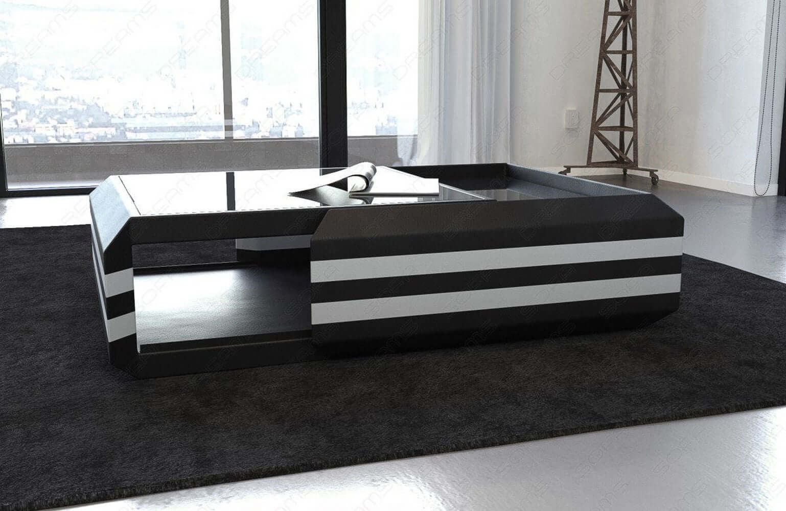 Leder Couchtisch Ravenna – Ausziehbar & Elegant Grau-Weiß