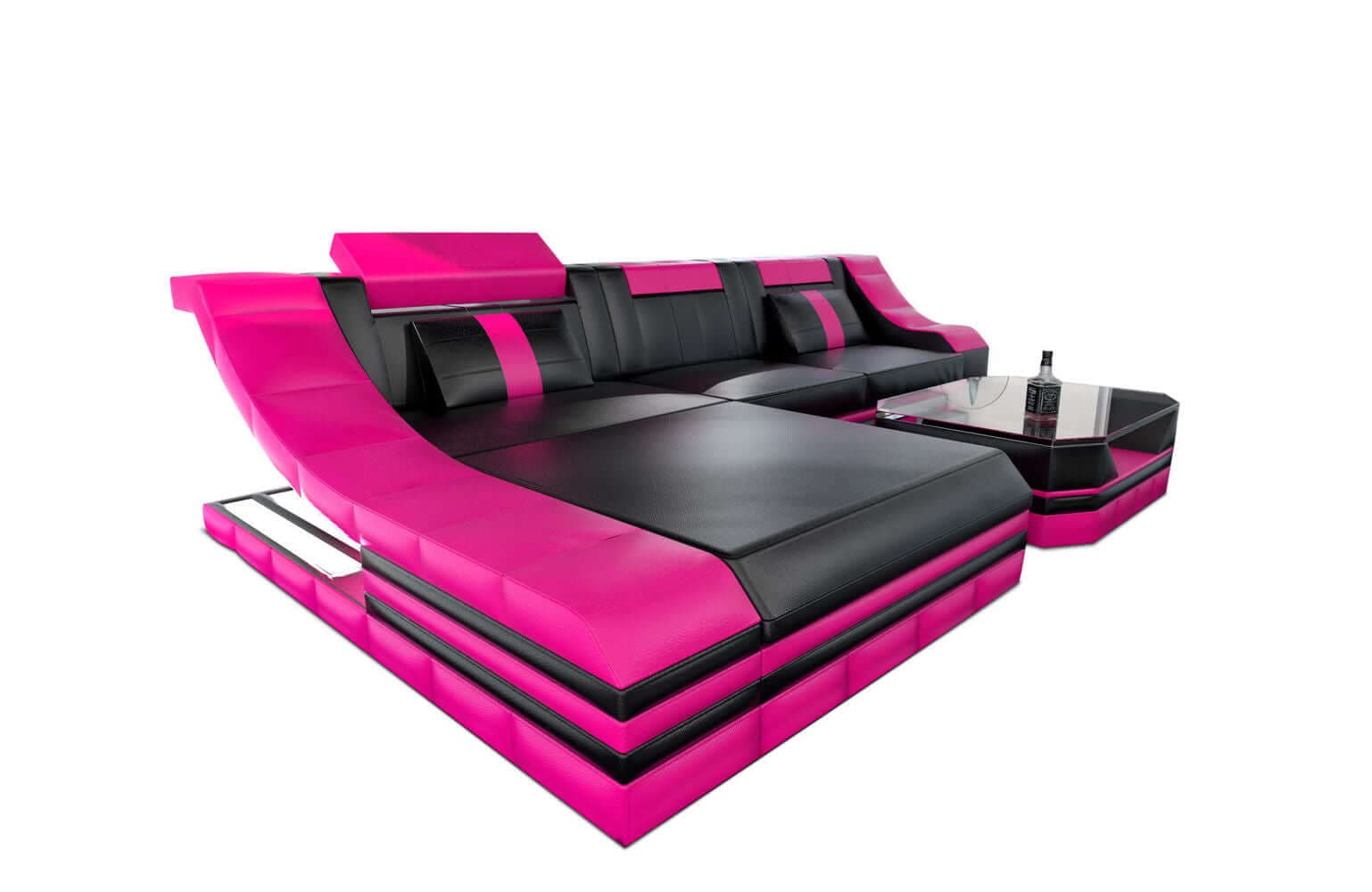 Ledersofa Turino L-Form mit LED schwarz-pink