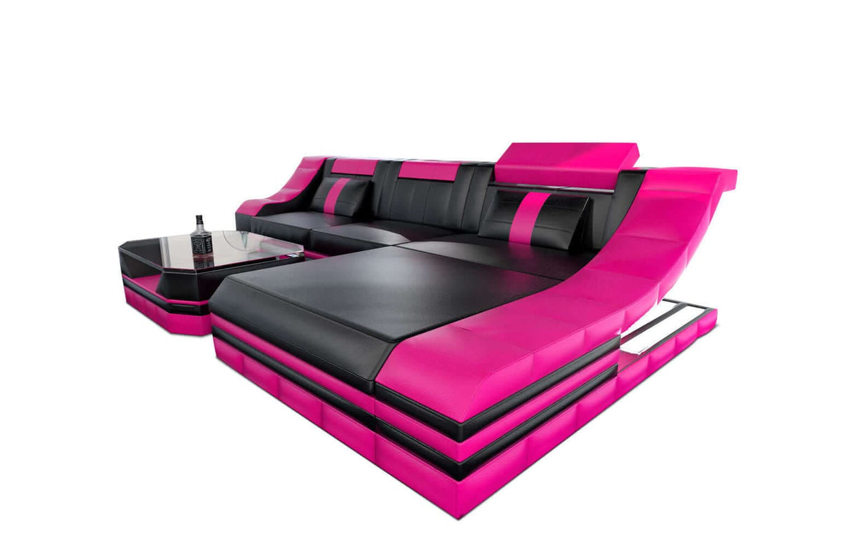 Couch Turino L-Form in Leder schwarz-pink