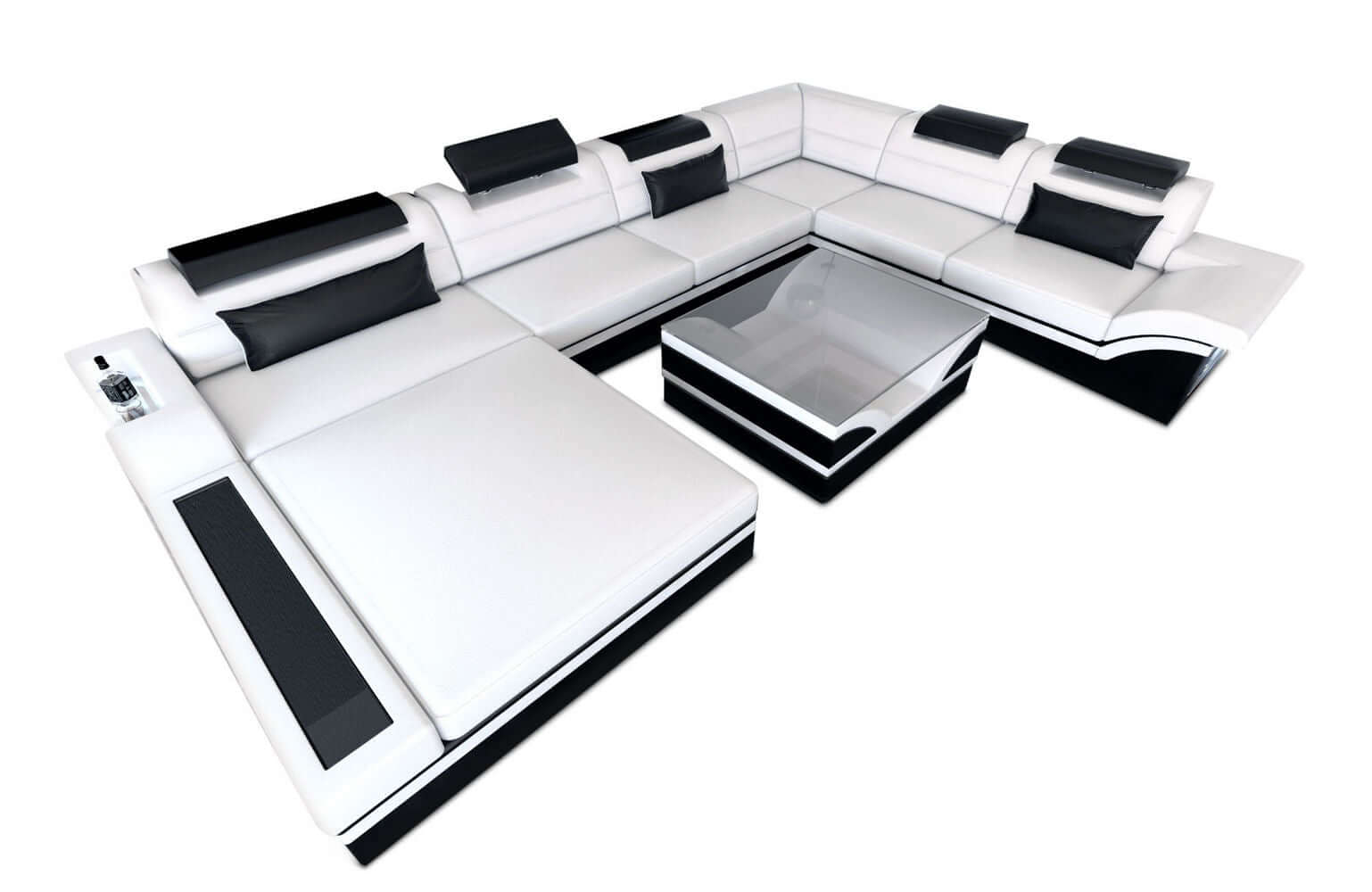 Mini XXL Wohnlandschaft Mezzo U-Form aus Leder Weiß-Schwarz