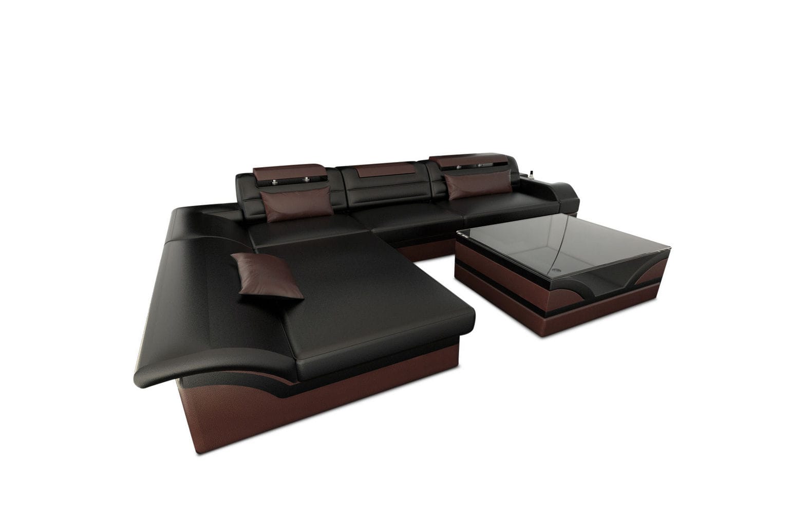 Couch Monza L Form in Leder schwarz-dunkelbraun