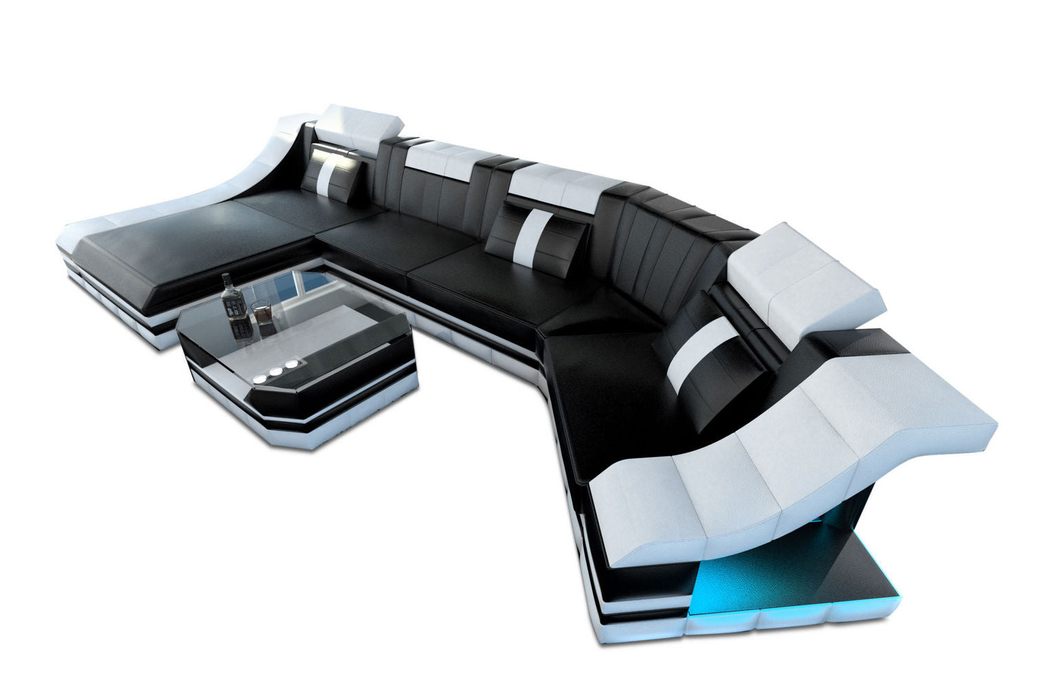 Mini Luxus Wohnlandschaft Turino C-Form mit LED Schwarz-Weiß