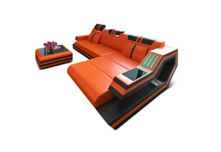 Designersofa Leder Ravenna L-Form mit LED in Orange und Schwarz aus Kunstleder und Echtleder und Ledermix für Wohnzimmer