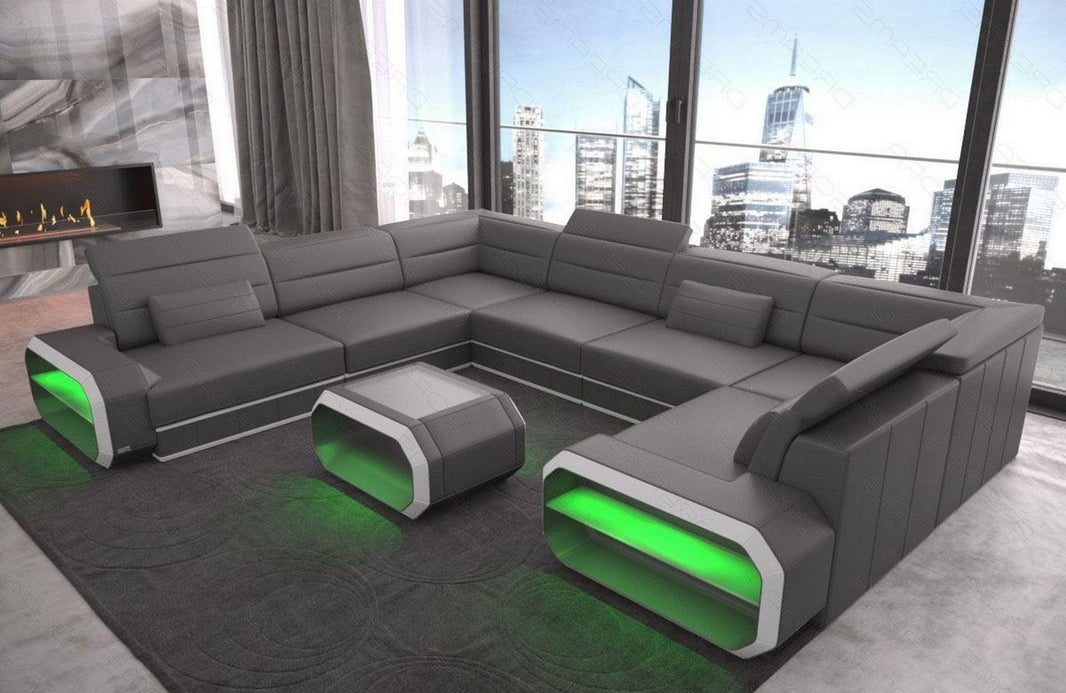 Sofa Verona U-Form Kunstleder Grau-Weiß mit 2x USB-Anschluss, Schlaffunktion und Couchtisch Roma mit LED