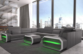 Sofa Verona U-Form Kunstleder Grau-Weiß mit 2x USB-Anschluss, Schlaffunktion und Couchtisch Roma mit LED