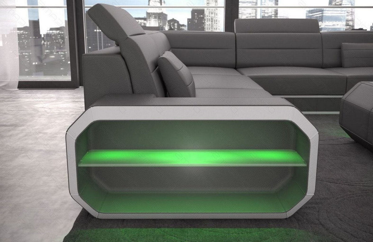 Sofa Verona U-Form Kunstleder Grau-Weiß mit 2x USB-Anschluss, Schlaffunktion und Couchtisch Roma mit LED
