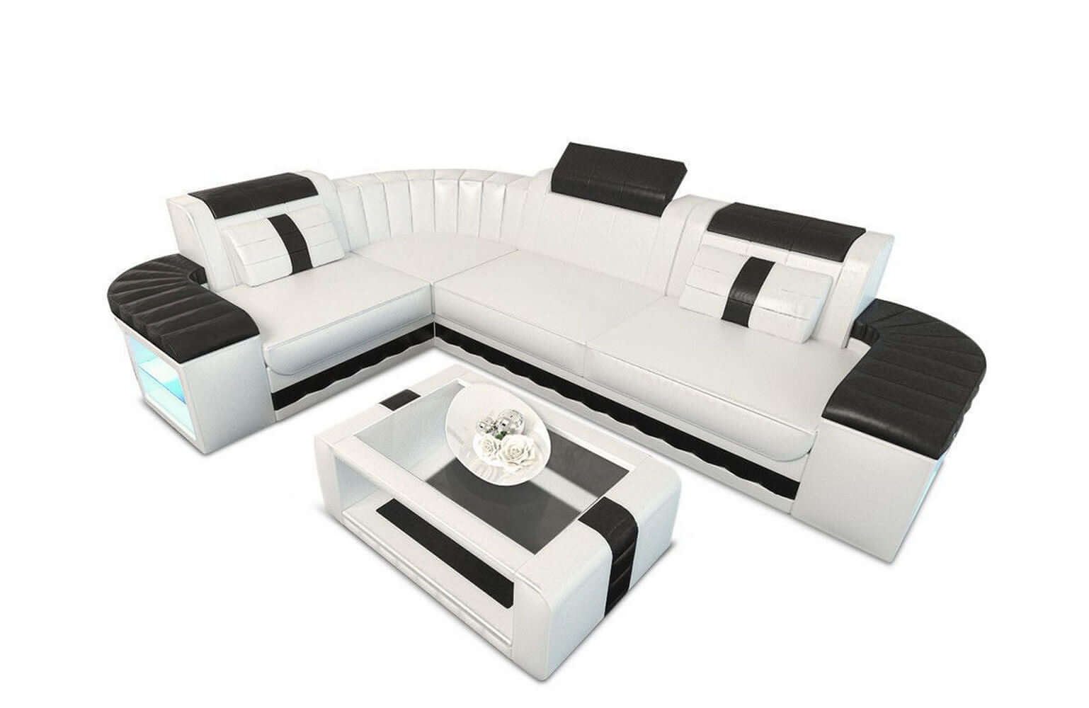 Mini Sofa Bergamo L-Form in Leder Weiß-Schwarz